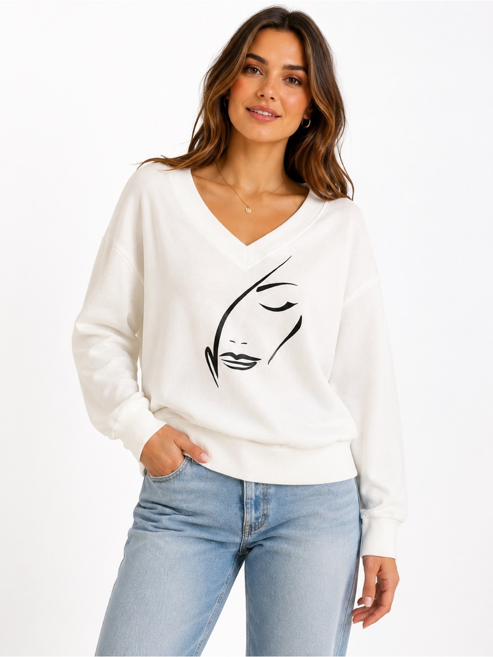 White Abstract Face Graphic V Neck Sweatshirt Pullover Size L